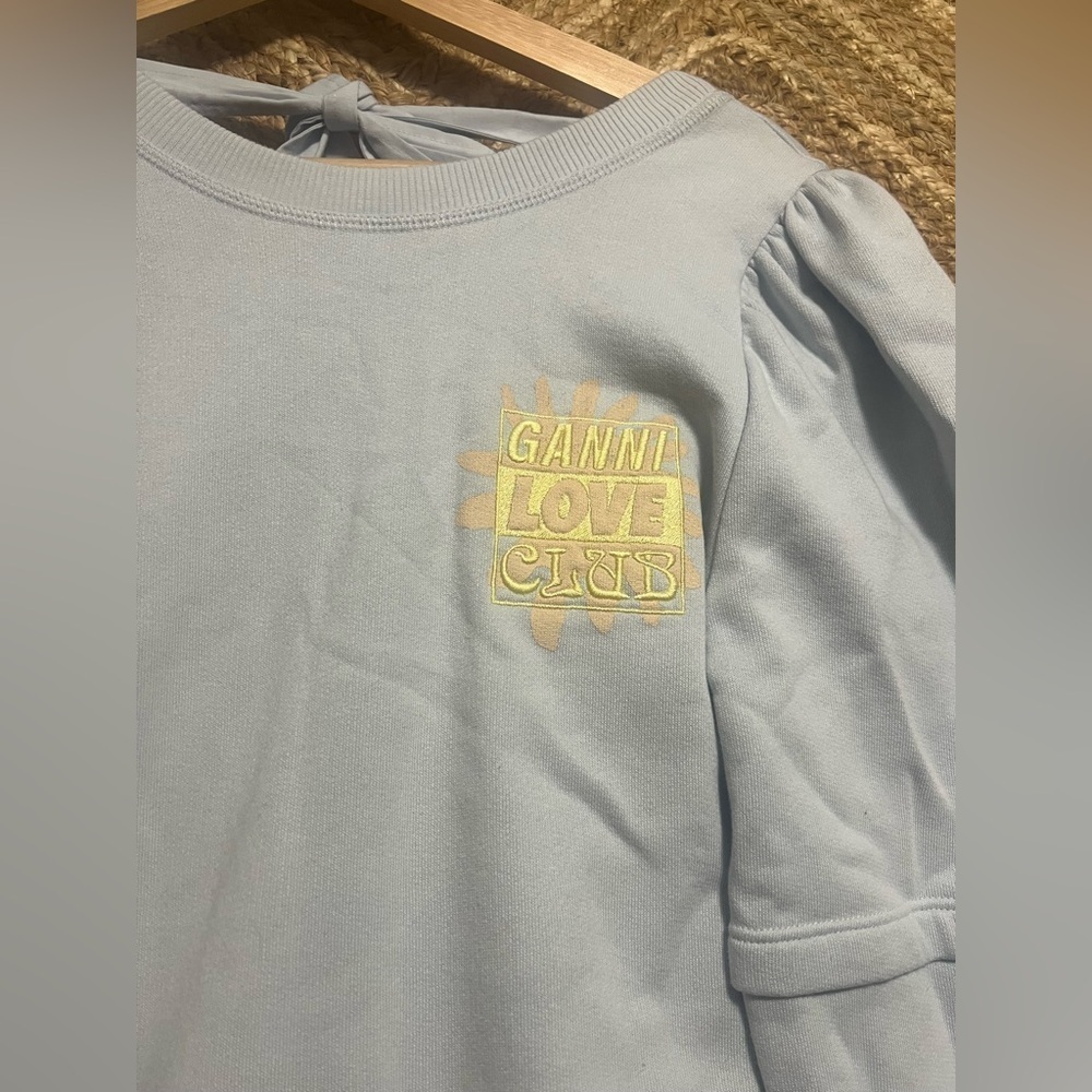Ganni Isoli Puff-Sleeve Love Club Sweatshirt,Open Back,Blue,Size XS - Picture 2 of 11